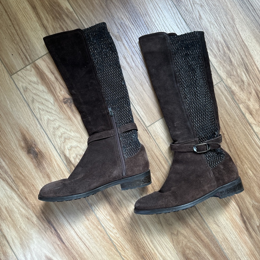 Brown suede knee high boots